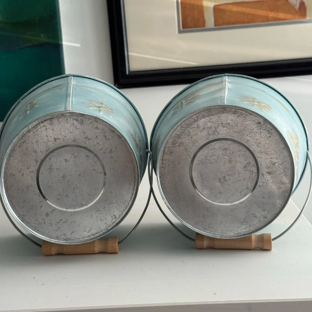 Blue Metal Buckets with Gold Accents and Gold Inside Decorative Use